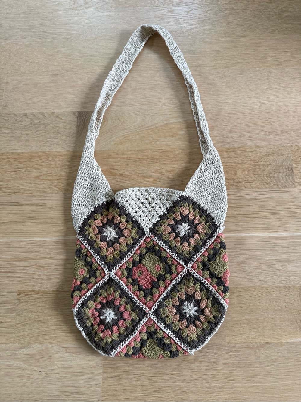 Urban Outfitters Crochet Patchwork Shoulder Bag in Cream, Olive, Pink, Brown